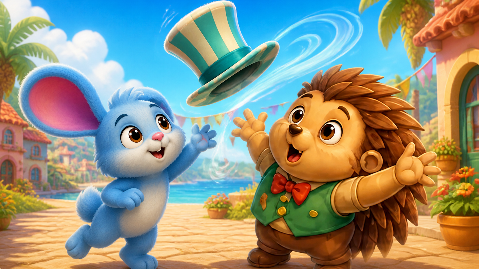 Kai and Mayor Tumble reach for a flying striped hat in a sunny village.