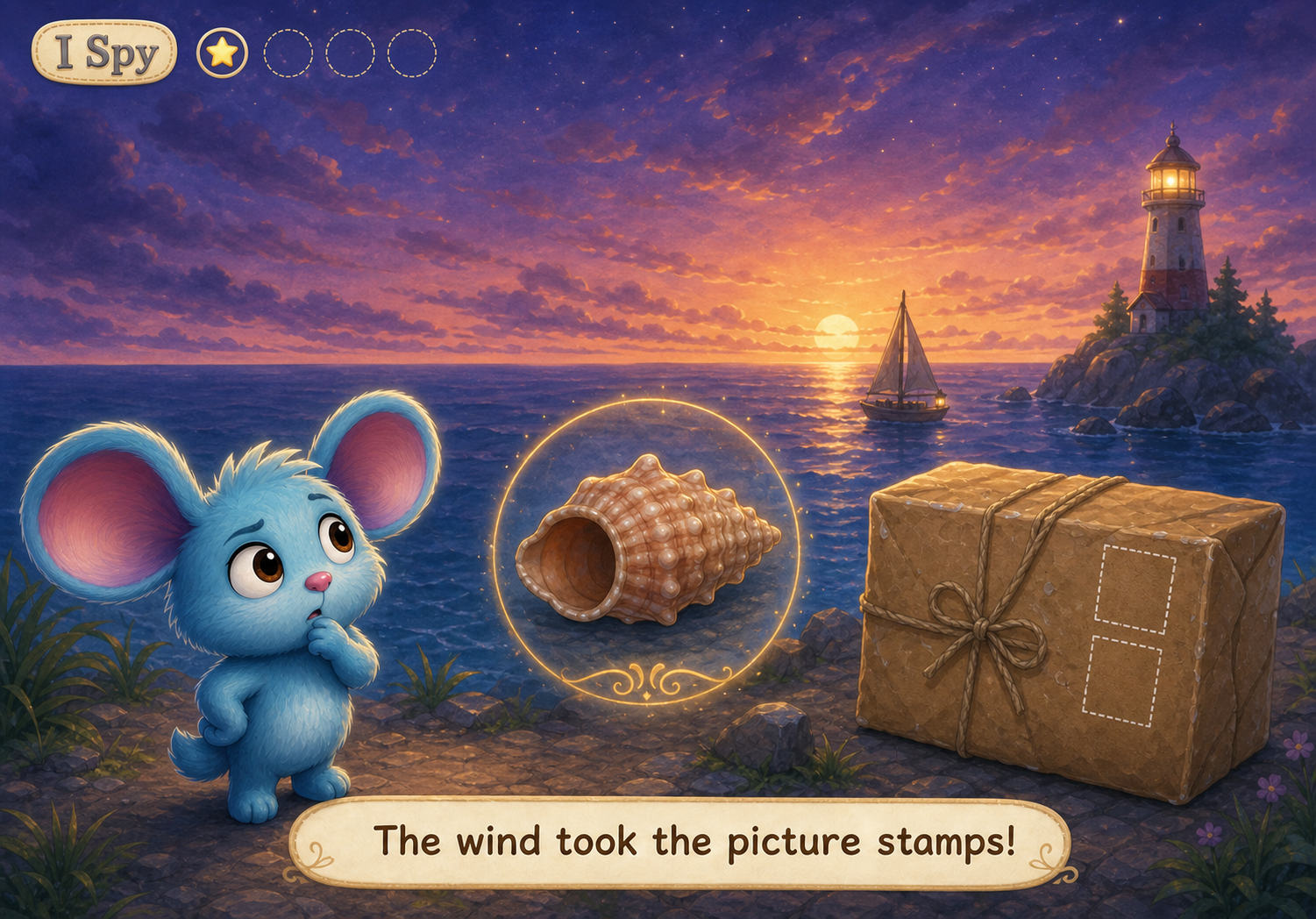 Kai searches the harbor for a picture parcel at evening.