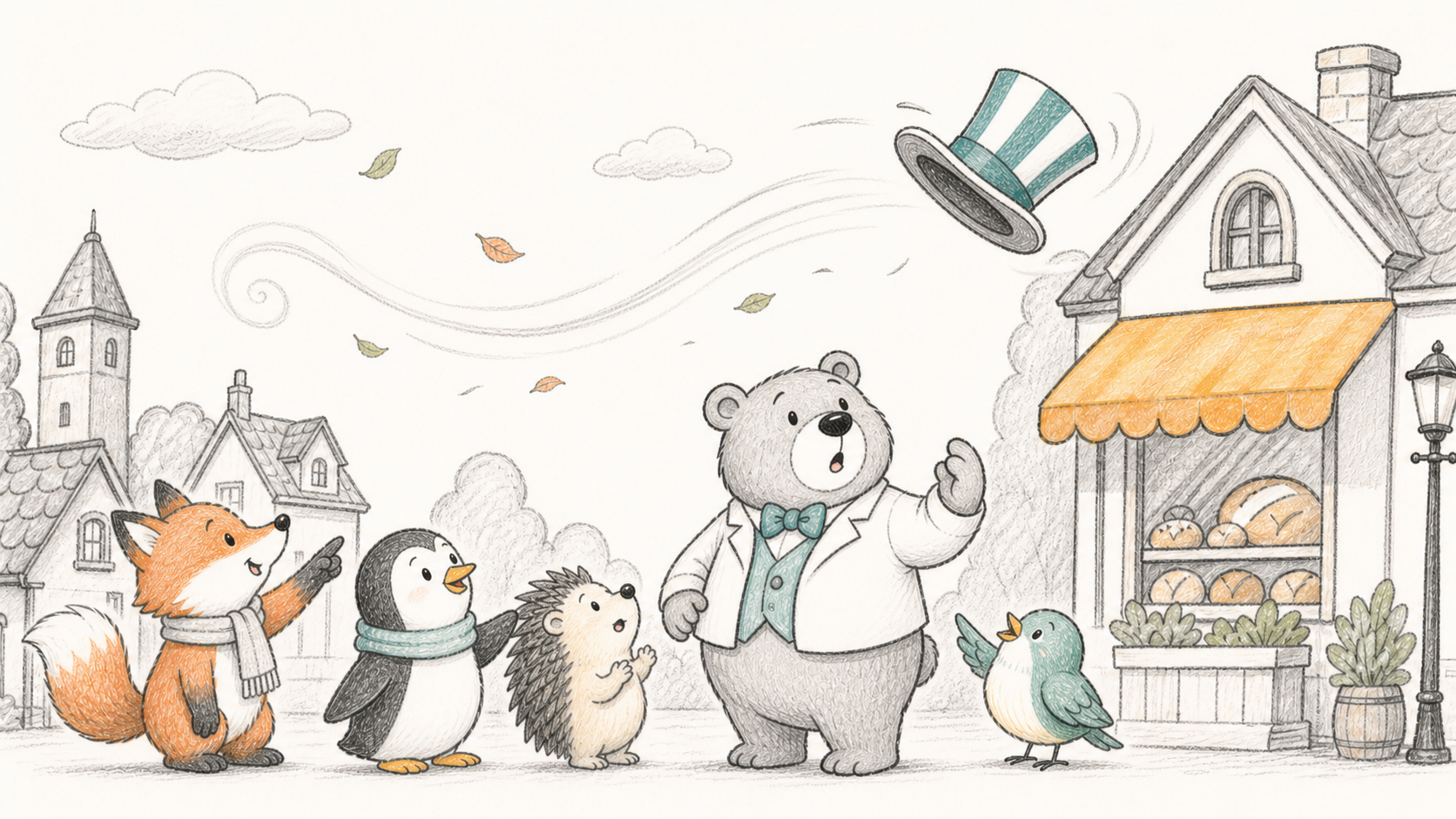 A striped hat blows over the bakery during a pencil-style town scene.
